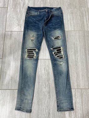 MNML Medium Blue Skinny Jeans Men's 32 Striped Knee Panels